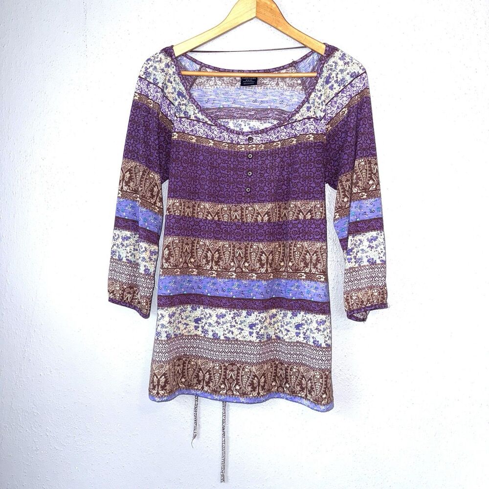 Faded Glory Women's 3/4 Sleeve Blouse Purple Pattern Size M 8-10